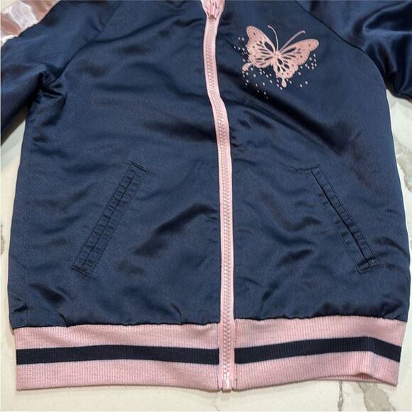 Colorful Planet | Navy Blue Girls Satin Butterfly Reversible Lined Bomber 6/6X - Picture 3 of 15